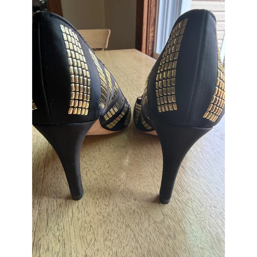Antonio Melani Womens Black Satin Gold Studded Pointed Toe Stiletto Pumps  6.5